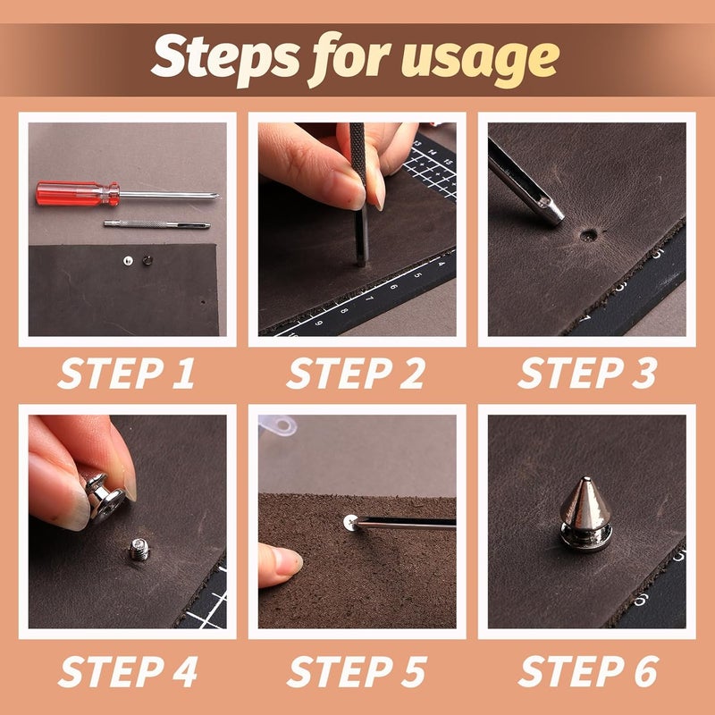 QMNNMA 240 Sets Punk Spikes and Studs Kit, 4 Colors Cone Spikes, 3 Sizes Metal Tree Spikes Screwback Studs for DIY Leathercraft and Punk Style Clothing Accessories - Image 4